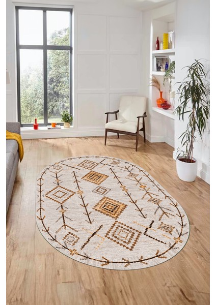 Iskandinav Dijital Kaymaz Yıkanabilir Oval Yolluk Mutfak Salon Halısı, O-Iskandinav-11-Bej, indirimleri