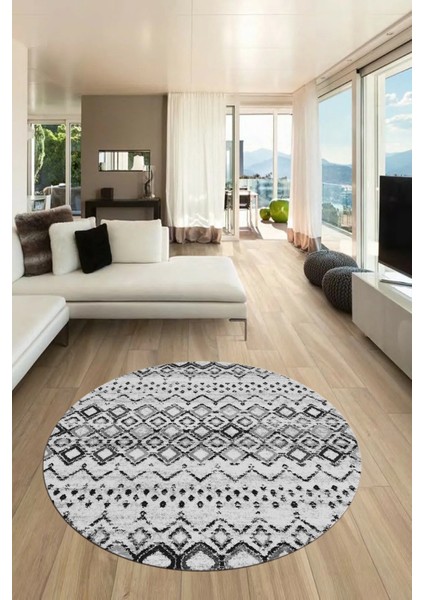 Iskandinav Desenli Kaymaz Taban Yıkanabilir Yuvarlak Mutfak Salon Halısı, Y-Iskandinav-22-Gri,