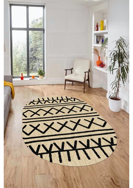 Dijital Kaymaz Yıkanabilir Iskandinav Desen Oval Mutfak Yolluk Salon Halısı, O-Iskandinav-28-Bej,