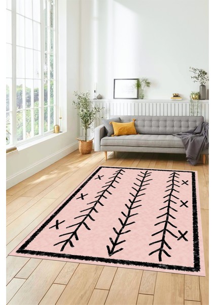 Dijital Kaymaz Yıkanabilir Modern Iskandinav Desen Mutfak Yolluk Salon Halısı, Iskandinav-07-Pembe,