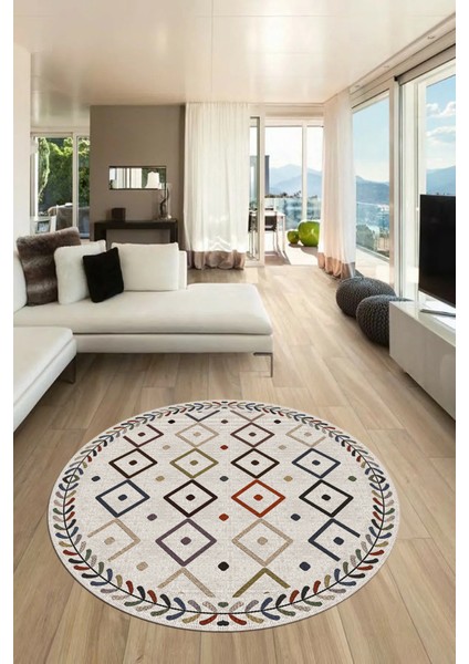 Iskandinav Desenli Kaymaz Taban Yıkanabilir Yuvarlak Salon Halısı, Y-Iskandinav-21-Renkli,