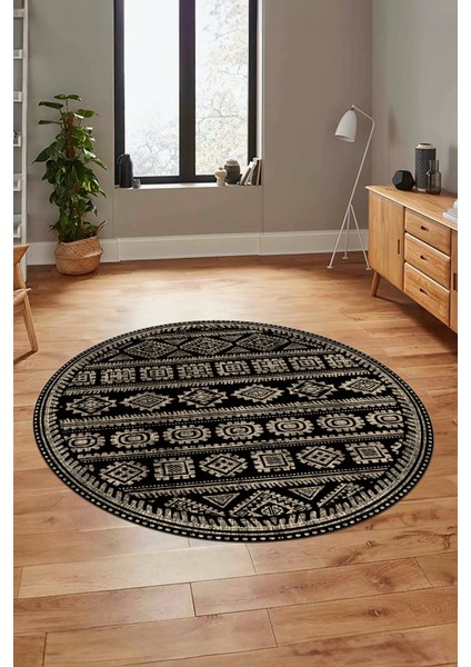 Iskandinav Desenli Kaymaz Yıkanabilir Yuvarlak Mutfak Salon Halısı, Y-Iskandinav-23-Siyah,