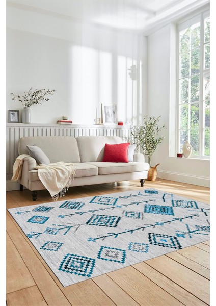 Iskandinav Desen Dijital Kaymaz Yıkanabilir Yolluk Mutfak Salon Halısı, Iskandinav-11-Turkuaz,