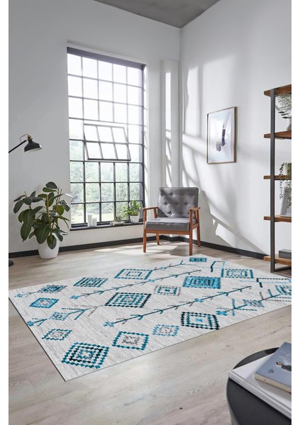 Iskandinav Desen Dijital Kaymaz Yıkanabilir Yolluk Mutfak Salon Halısı, Iskandinav-11-Turkuaz, indirimleri