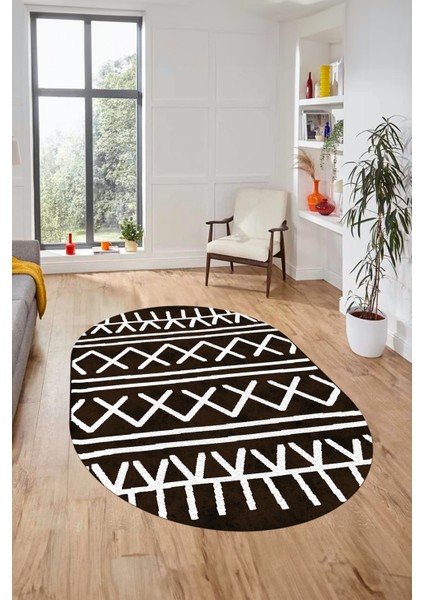 Dijital Kaymaz Yıkanabilir Iskandinav Desen Oval Mutfak Yolluk Salon Halısı, O-Iskandinav-28-Kahve,