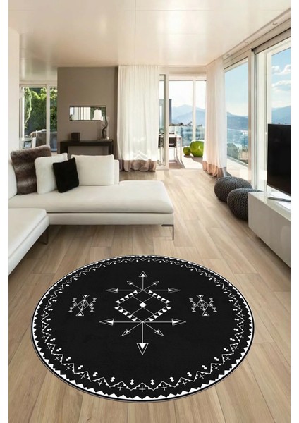 Dijital Kaymaz Yıkanabilir Iskandinav Desen Yuvarlak Mutfak Salon Halısı, Y-Iskandinav-08-Antrasit,