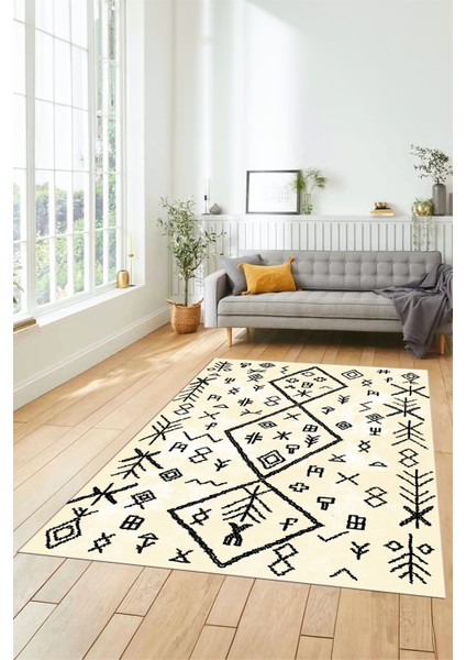Iskandinav Şık Tasarım Dijital Kaymaz Yıkanabilir Yolluk Mutfak Salon Halısı, Iskandinav-16-Krem,