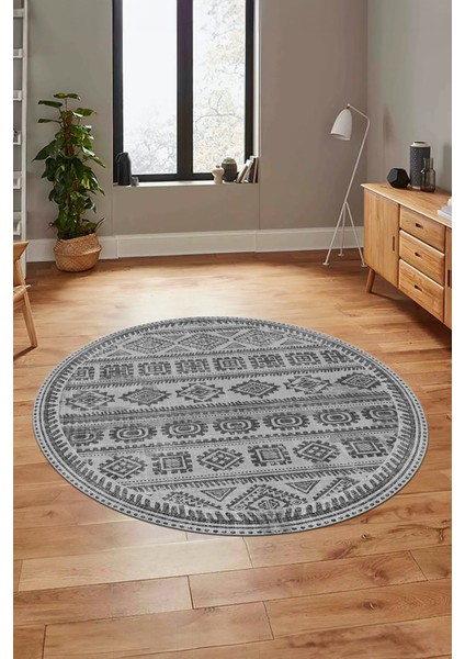 Iskandinav Desenli Kaymaz Yıkanabilir Yuvarlak Mutfak Salon Halısı, Y-Iskandinav-23-Gri,