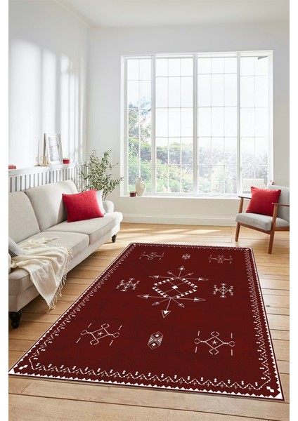 Dijital Kaymaz Yıkanabilir Iskandinav Desen Mutfak Yolluk Salon Halısı, Iskandinav-08-Bordo,