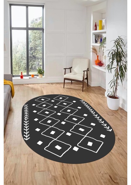 Dijital Kaymaz Yıkanabilir Iskandinav Oval Mutfak Yolluk Salon Halısı, O-Iskandinav-25-Antrasit,