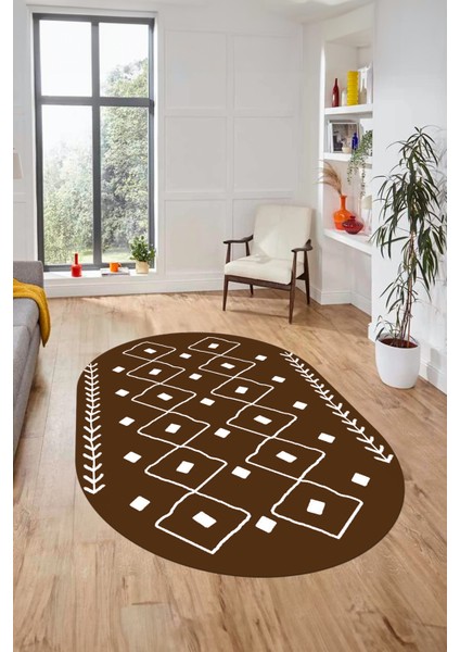 Dijital Kaymaz Yıkanabilir Iskandinav Oval Mutfak Yolluk Salon Halısı, O-Iskandinav-25-Kahve,