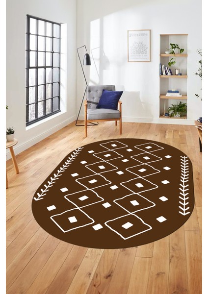 Dijital Kaymaz Yıkanabilir Iskandinav Oval Mutfak Yolluk Salon Halısı, O-Iskandinav-25-Kahve,