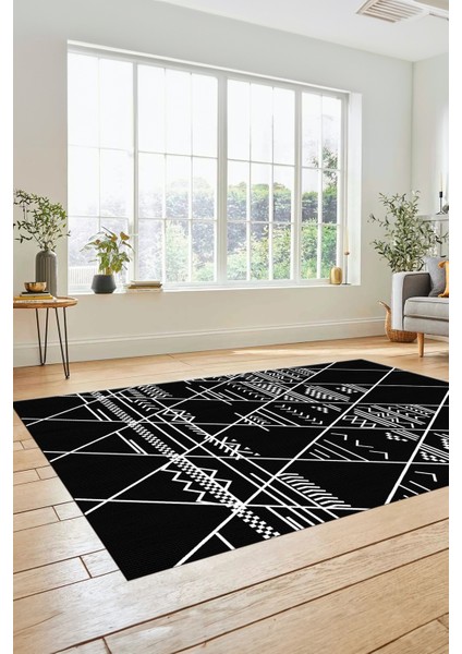 Iskandinav Desen Dijital Kaymaz Yıkanabilir Yolluk Koridor Salon Halısı, Iskandinav-20-Siyah,