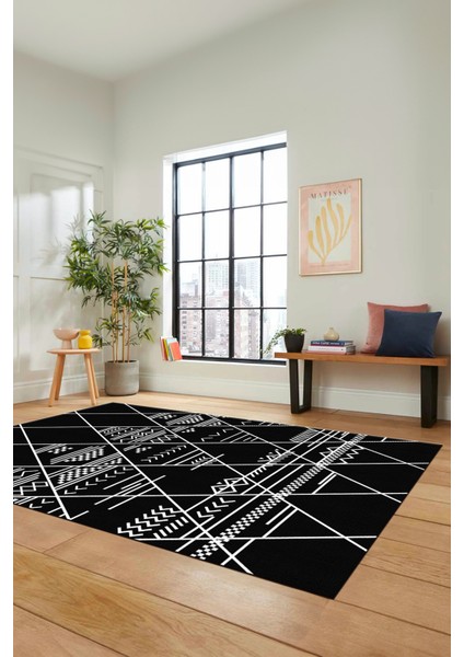 Iskandinav Desen Dijital Kaymaz Yıkanabilir Yolluk Koridor Salon Halısı, Iskandinav-20-Siyah, indirimleri