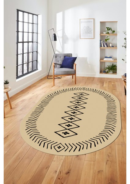 Dijital Kaymaz Yıkanabilir Iskandinav Oval Mutfak Yolluk Salon Halısı, O-Iskandinav-03-Krem,