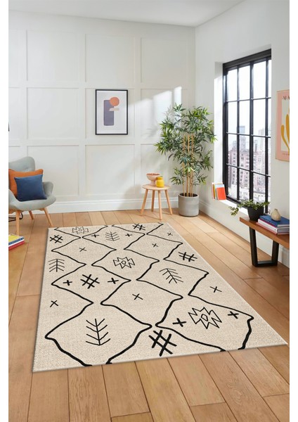 Dijital Kaymaz Yıkanabilir Iskandinav Desen Mutfak Yolluk Salon Halısı, Iskandinav-04-Krem,