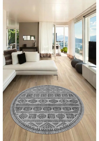 Iskandinav Desenli Kaymaz Yıkanabilir Yuvarlak Mutfak Salon Halısı, Y-Iskandinav-23-Gri,
