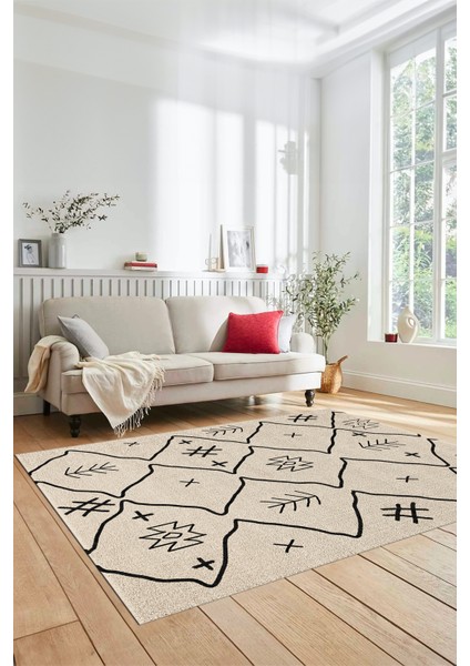 Dijital Kaymaz Yıkanabilir Iskandinav Desen Mutfak Yolluk Salon Halısı, Iskandinav-04-Krem, fırsatları