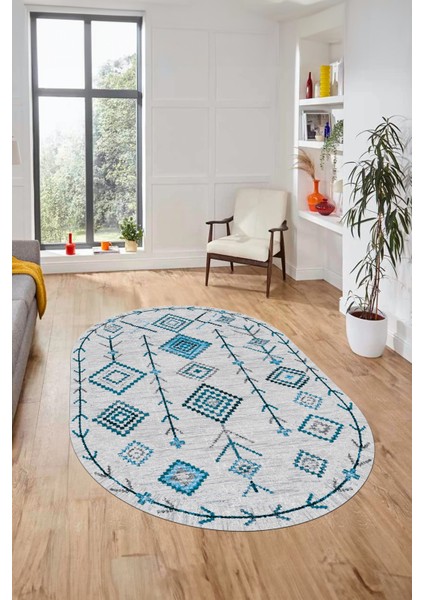 Iskandinav Dijital Kaymaz Yıkanabilir Oval Yolluk Mutfak Salon Halısı, O-Iskandinav-11-Turkuaz,