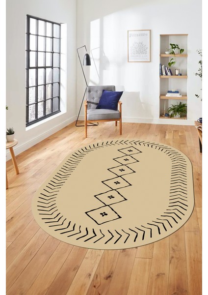 Iskandinav Yıkanabilir Kaymaz Oval Salon Halısı Mutfak Halısı Yolluk, O-Iskandinav-02-Krem,