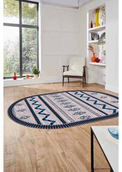 Dijital Kaymaz Yıkanabilir Iskandinav Desen Oval Mutfak Yolluk Salon Halısı, O-Iskandinav-27-Mavi,