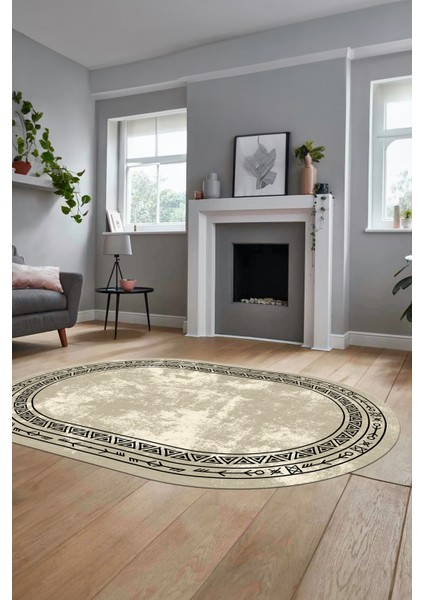 Kaymaz Taban Yıkanabilir Iskandinav Desen Oval Mutfak Yolluk Salon Halısı, O-Iskandinav-30-Bej,
