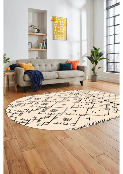 Dijital Kaymaz Yıkanabilir Iskandinav Oval Mutfak Yolluk Salon Halısı, O-Iskandinav-10-Krem, fırsatları