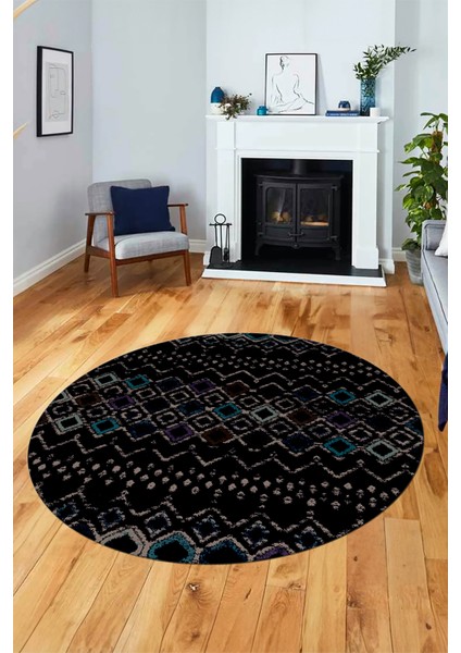 Iskandinav Desenli Kaymaz Taban Yıkanabilir Yuvarlak Mutfak Salon Halısı, Y-Iskandinav-22-Antrasit,