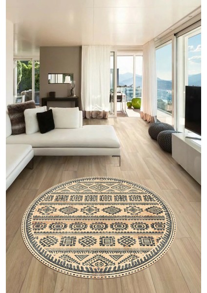 Iskandinav Desenli Kaymaz Yıkanabilir Yuvarlak Mutfak Salon Halısı, Y-Iskandinav-23-Krem,