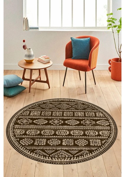 Iskandinav Desenli Kaymaz Yıkanabilir Yuvarlak Mutfak Salon Halısı, Y-Iskandinav-23-Kahve, indirimleri