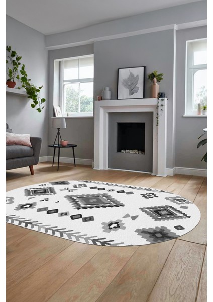 Iskandinav Tasarım Kaymaz Yıkanabilir Oval Yolluk Mutfak Salon Halısı, O-Iskandinav-15-Gri,