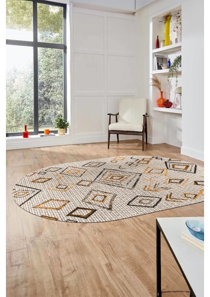 Kaymaz Taban Yıkanabilir Iskandinav Desen Oval Mutfak Yolluk Salon Halısı, O-Iskandinav-29-Kahve,