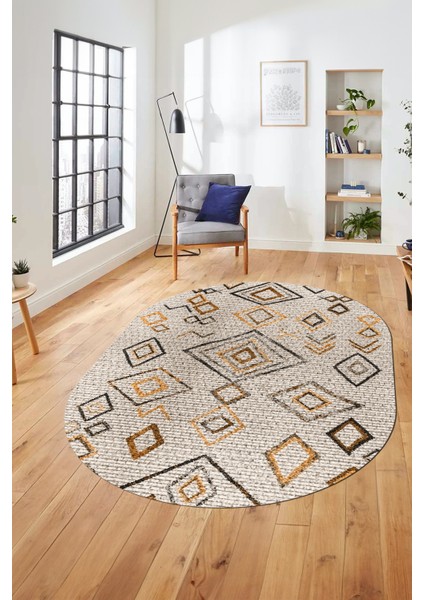 Kaymaz Taban Yıkanabilir Iskandinav Desen Oval Mutfak Yolluk Salon Halısı, O-Iskandinav-29-Kahve,