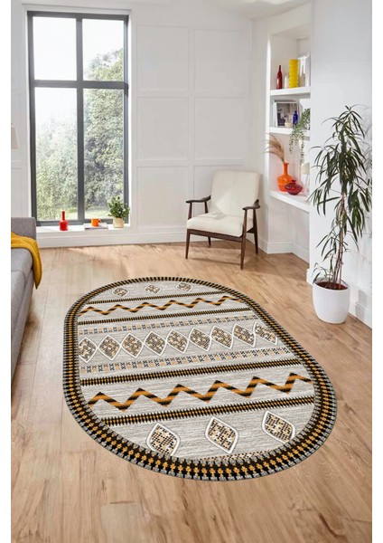 Dijital Kaymaz Yıkanabilir Iskandinav Desen Oval Mutfak Yolluk Salon Halısı, O-Iskandinav-27-Kahve,