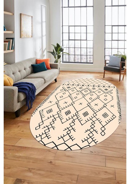 Dijital Kaymaz Yıkanabilir Iskandinav Oval Mutfak Yolluk Salon Halısı, O-Iskandinav-10-Krem, modelleri