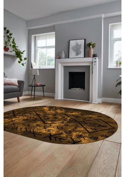 Iskandinav Şık Tasarım Kaymaz Yıkanabilir Oval Yolluk Mutfak Salon Halısı, O-Iskandinav-16-Kahve,