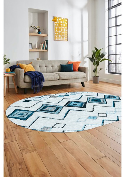 Iskandinav Desen Dijital Kaymaz Yıkanabilir Oval Yolluk Mutfak Salon Halısı, O-Iskandinav-13-Kahve,