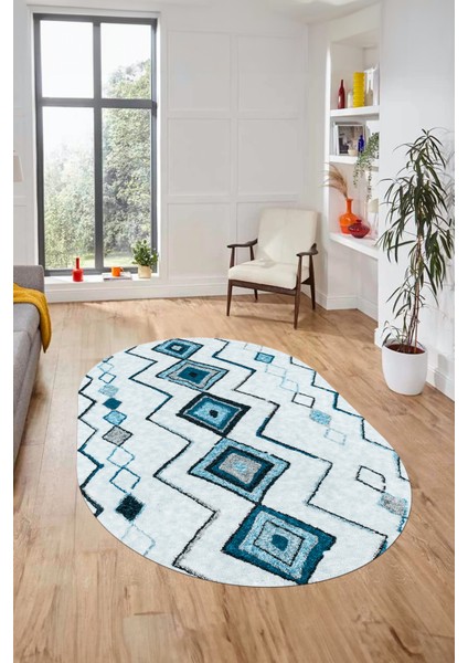 Iskandinav Desen Dijital Kaymaz Yıkanabilir Oval Yolluk Mutfak Salon Halısı, O-Iskandinav-13-Kahve,