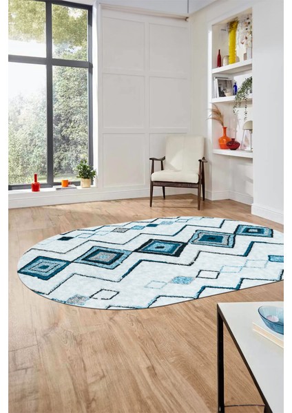Iskandinav Desen Dijital Kaymaz Yıkanabilir Oval Yolluk Mutfak Salon Halısı, O-Iskandinav-13-Kahve,