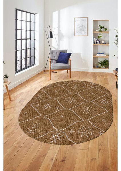Dijital Kaymaz Yıkanabilir Iskandinav Desen Oval Mutfak Yolluk Salon Halısı, O-Iskandinav-04-Kahve,