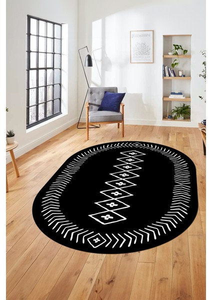 Dijital Kaymaz Yıkanabilir Iskandinav Oval Mutfak Yolluk Salon Halısı, O-Iskandinav-03-Siyah,