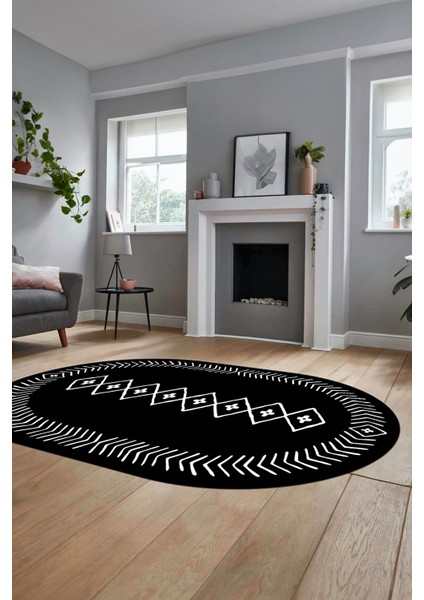 Dijital Kaymaz Yıkanabilir Iskandinav Oval Mutfak Yolluk Salon Halısı, O-Iskandinav-03-Siyah, fırsatları
