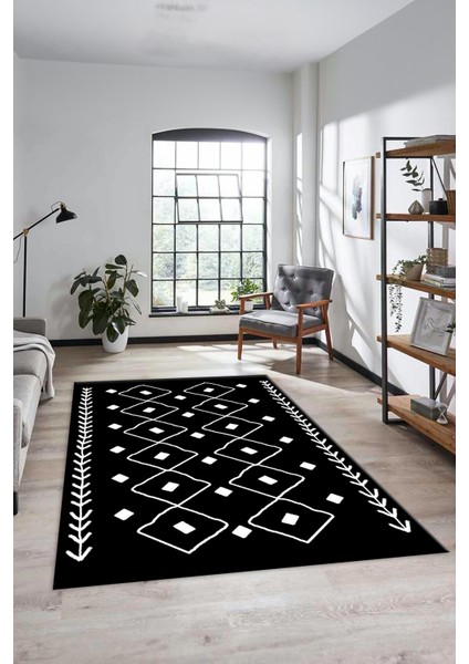 Dijital Kaymaz Yıkanabilir Modern Iskandinav Mutfak Yolluk Salon Halısı, Iskandinav-25-Siyah,