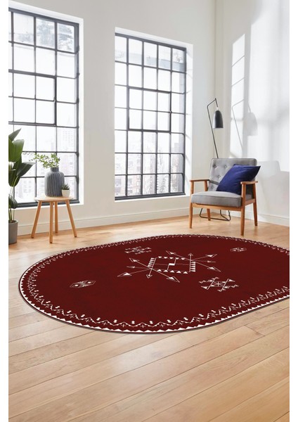 Dijital Kaymaz Yıkanabilir Iskandinav Oval Mutfak Yolluk Salon Halısı, O-Iskandinav-08-Bordo,