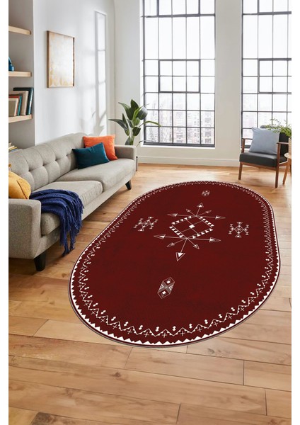 Dijital Kaymaz Yıkanabilir Iskandinav Oval Mutfak Yolluk Salon Halısı, O-Iskandinav-08-Bordo, fırsatları