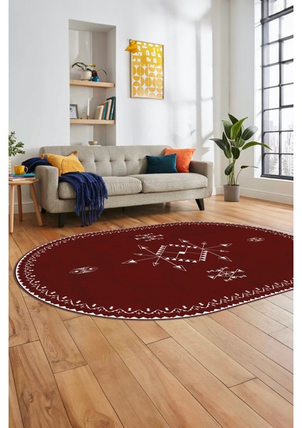 Dijital Kaymaz Yıkanabilir Iskandinav Oval Mutfak Yolluk Salon Halısı, O-Iskandinav-08-Bordo, indirimleri