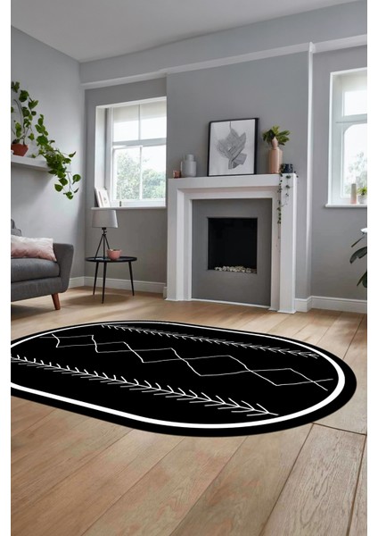 Modern Dijital Yıkanabilir Kaymaz Oval Salon Halısı Mutfak Halısı Yolluk, O-Iskandinav-01-Siyah,
