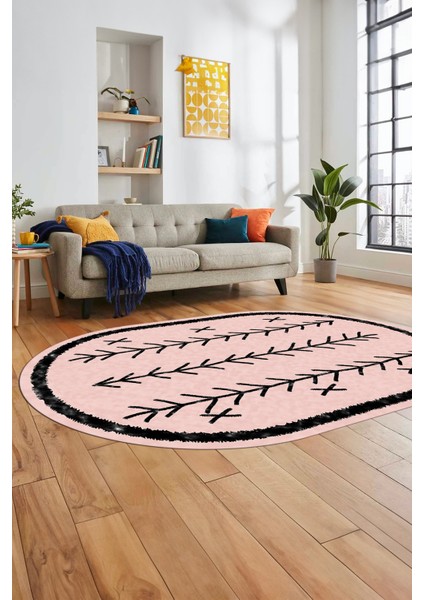 Dijital Kaymaz Yıkanabilir Iskandinav Desen Oval Mutfak Yolluk Salon Halısı, O-Iskandinav-07-Pembe, indirimleri