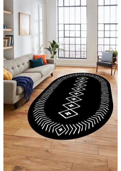 Dijital Kaymaz Yıkanabilir Iskandinav Oval Mutfak Yolluk Salon Halısı, O-Iskandinav-03-Siyah, indirimleri