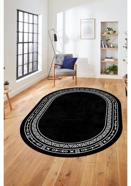 Kaymaz Taban Yıkanabilir Iskandinav Desen Oval Mutfak Yolluk Salon Halısı, O-Iskandinav-30-Antrasit,